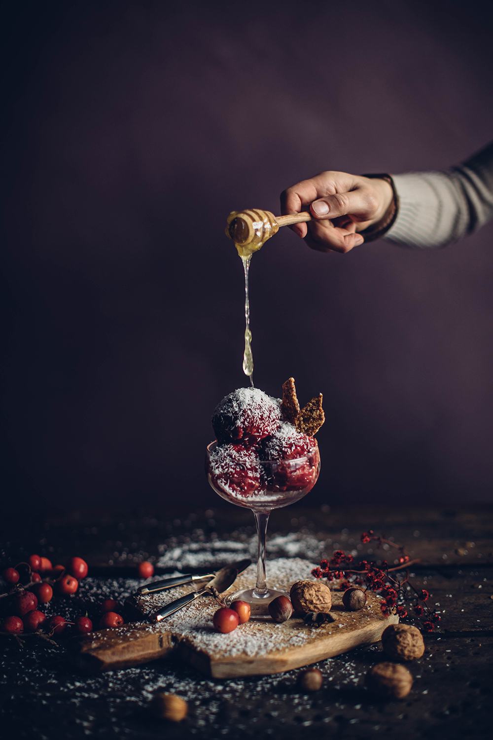 Honey-Cheesecake Ice Cream Snowballs with Almond Brittle & Lingonberry Jam