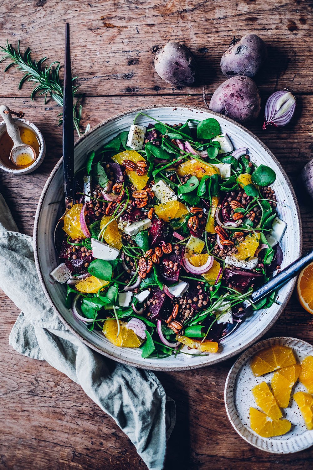Wintry warm Beetroot Lentil Salad with Feta Cheese and Rosemary