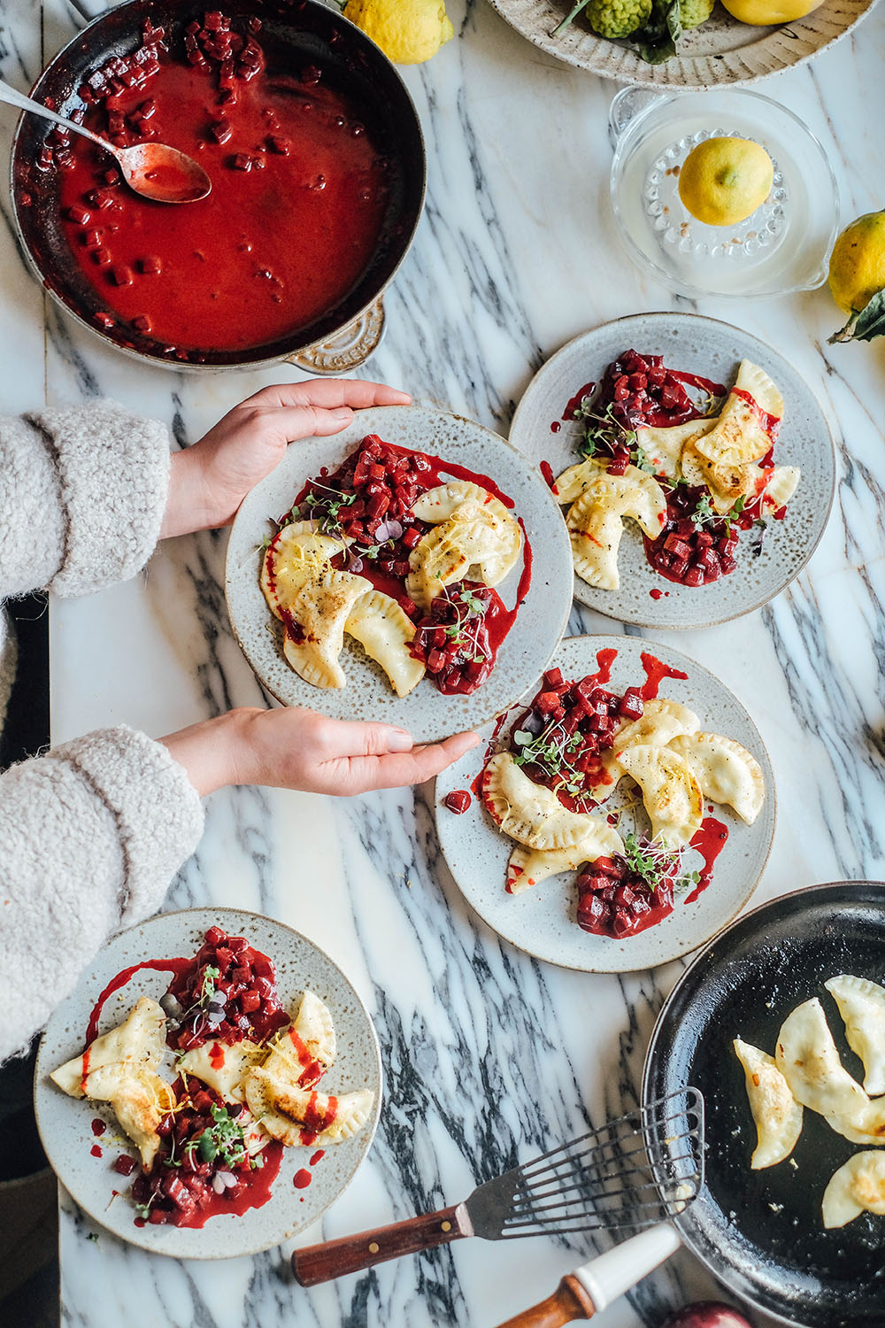 gluten-free ravioli with feta-rosemary filling and beetroot