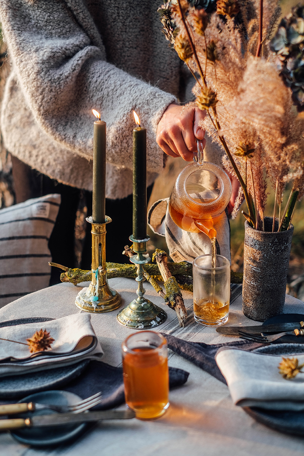 candles linen napkins tea rustic table setting hand made ceramic Lovely Linen